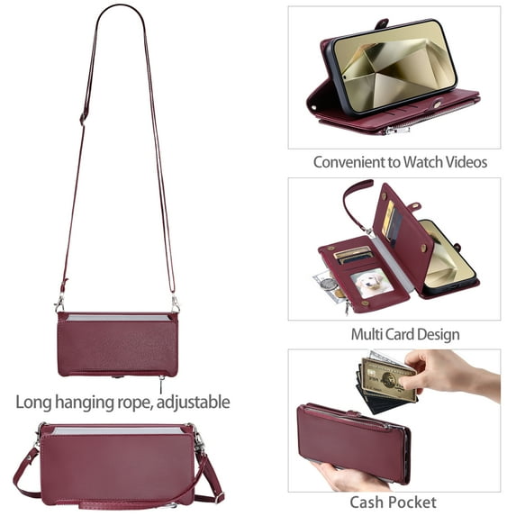 TECH CIRCLE for Galaxy S24 AI Smartphone Case 6.2" 2024 Release, Portable Flip Wallet Phone Case with Card Slots & Pockets, PU Leather Protective Crossbody Cover with Shoulder Strap & Lanyard, Winered
