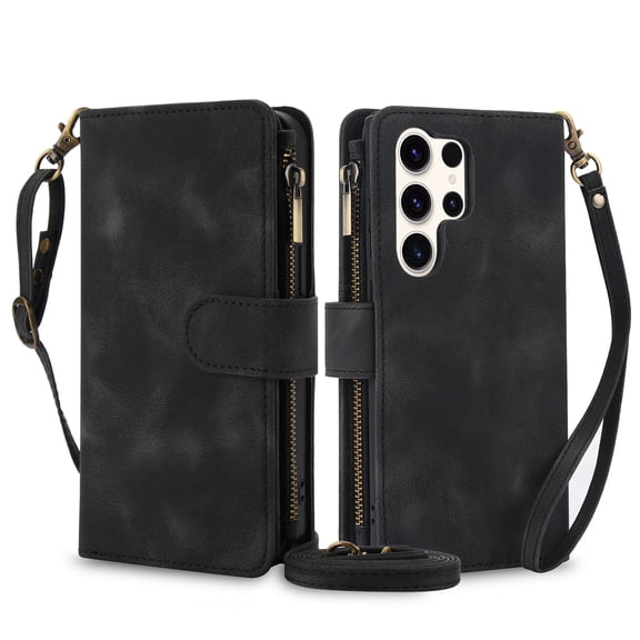 TECH CIRCLE For Galaxy S24+ Case with Card Holder,PU Leather Zipper Pocket Flip Folio Wallet Case with Crossbody Wrist Strap Kickstand Protective Case for Samsung Galaxy S24 Plus 6.6" 2024,Black