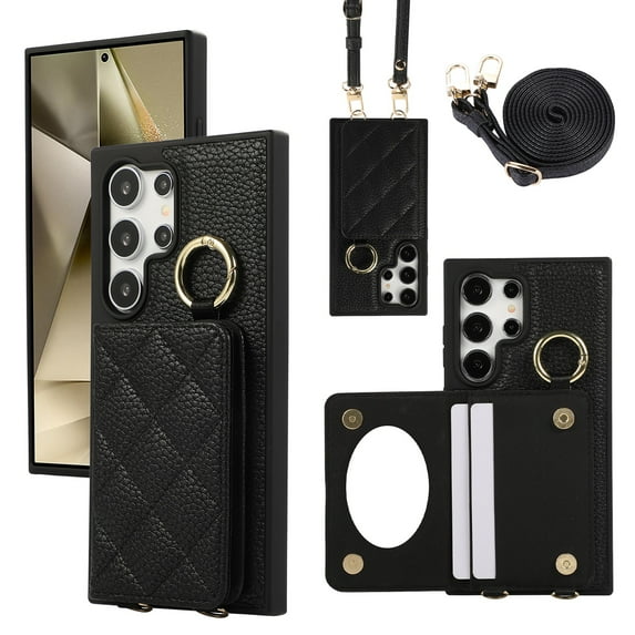 TECH CIRCLE for Galaxy S24+ Case, Quilted PU Leather Double Magnetic Clasp Shockproof Cover with Card Holder Shoulder Strap Mirror Ring Stand Flip Wallet Case for Galaxy S24+ 6.7",Black