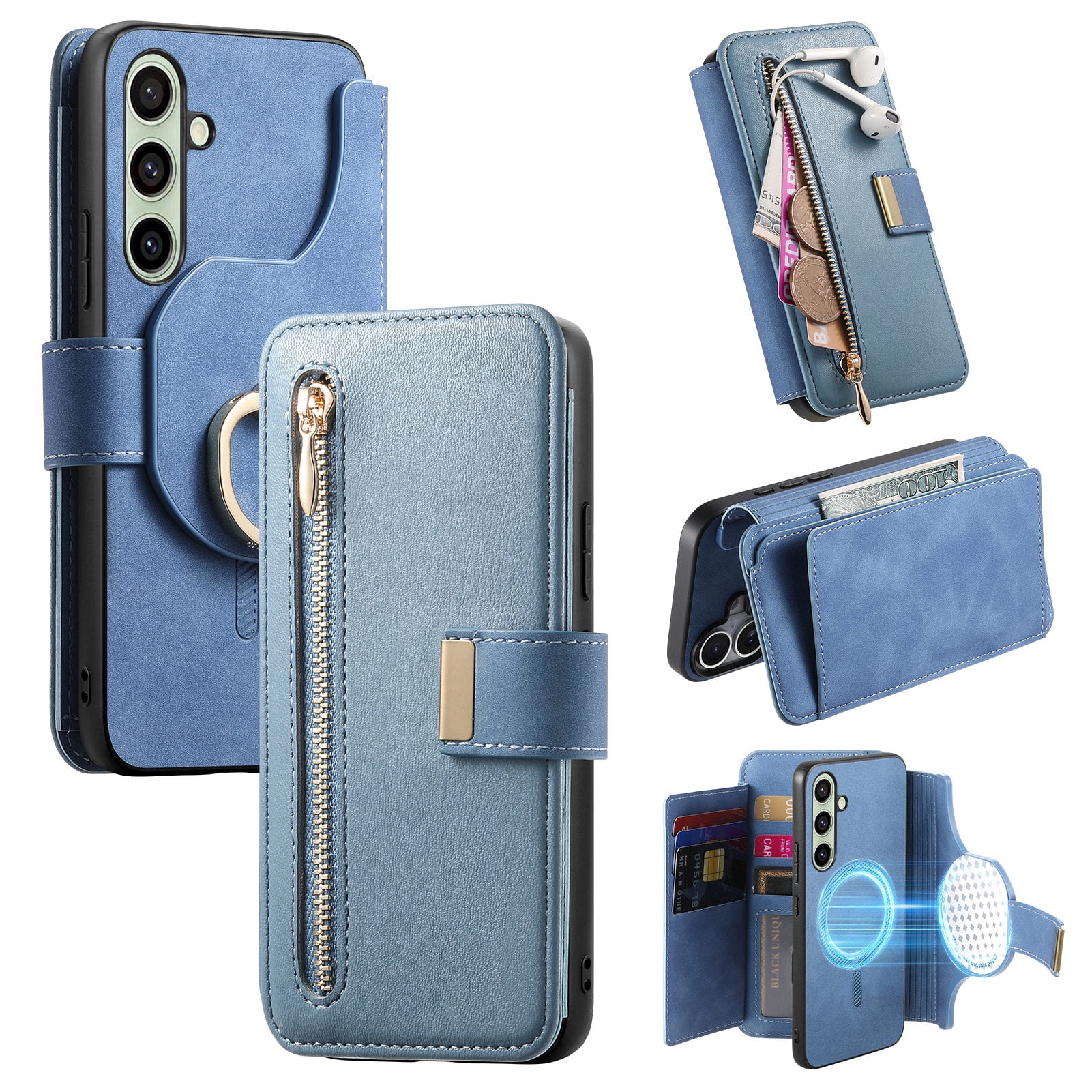 TECH CIRCLE for Galaxy S24 FE 2-in-1 Phone Case 6.7" 2024, Magnetic Back Cover with Removable Flip Wallet Case, with Card Slots/Ring Holder Grip, Compatible with MagSafe, PU Leather Case, Blue