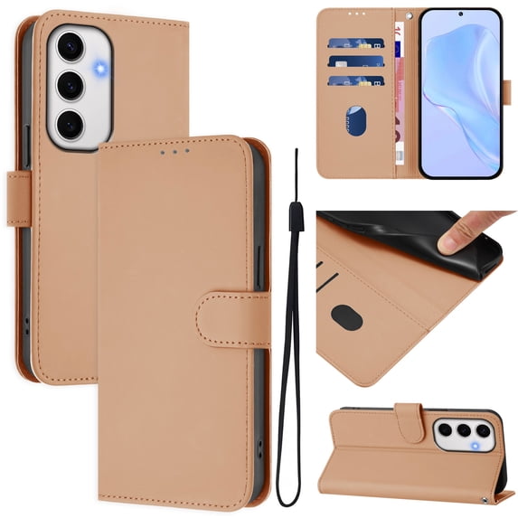 TECH CIRCLE for Galaxy S24 FE AI Phone Case 6.7" 2024 Release, Solid Color Flip Wallet Case with 3 Card Slots, Built-in Stand Function, PU Leather Protective Fold Cover with Lanyard, Nude
