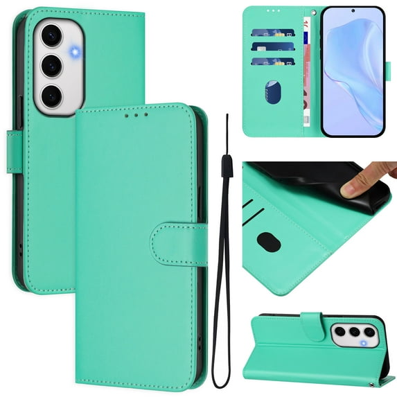 TECH CIRCLE for Galaxy S24 FE AI Phone Case 6.7" 2024 Release, Solid Color Flip Wallet Case with 3 Card Slots, Built-in Stand Function, PU Leather Protective Fold Cover with Lanyard, Green