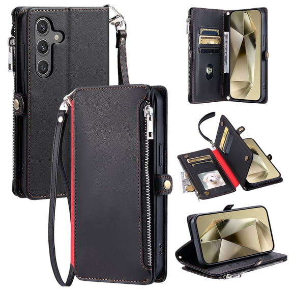 TECH CIRCLE for Galaxy S24 FE Case 6.7" 2024 Release, Classic Flip Wallet Case with Card Slots & Cash Pocket & Zipper Pocket, PU Leather Protective Fold Cover with Shoulder Strap & Lanyard, Black