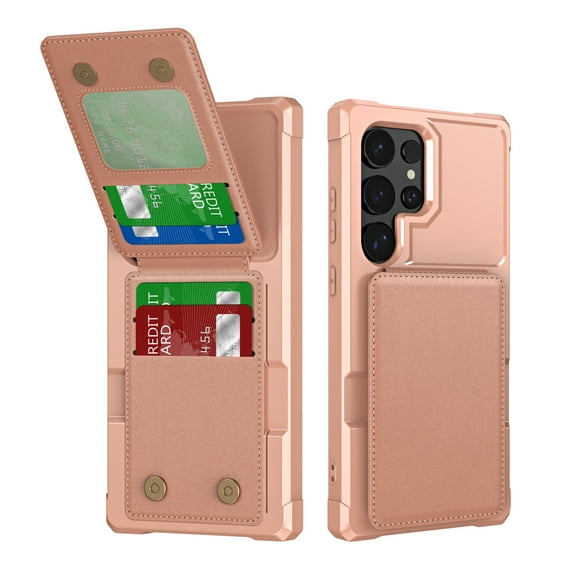 TECH CIRCLE for Galaxy S24 Ultra Case 6.8" 2024, Plastic/PU Leather Phone Case with Magnetic Button Closure Credit Card Holder Slots, Wallet/Kickstand Function, Lightweight Protective Cover, Pink