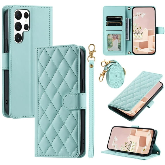 TECH CIRCLE For Galaxy S24 Ultra Case Wallet for Women Girl,Luxury PU Leather Crossbody Wristlet Strap Kickstand Slim Card Holder Slots Wallet Case for Samsung Galaxy S24 Ultra 6.8" 2024,Mint