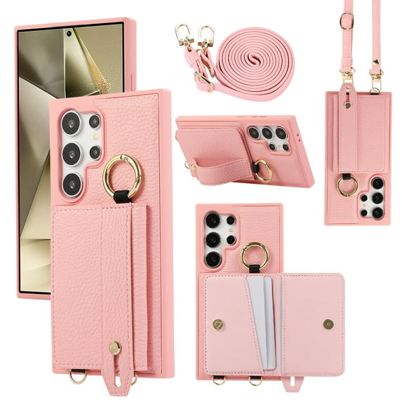 TECH CIRCLE for Galaxy S24 Ultra Wallet Case with Card Holder, Lanyard Wrist Strap Loop Holder Kickstand RFID Blocking Finger Grip Ring PU Leather Shockproof Cover for Galaxy S24 Ultra 6.8",Pink