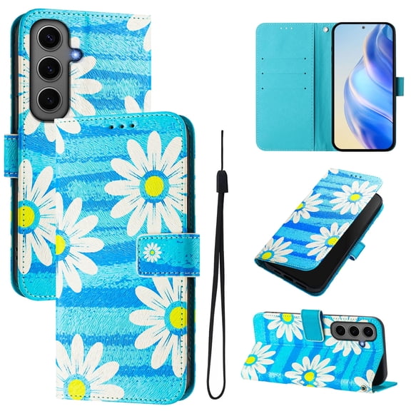TECH CIRCLE for Galaxy S25 FE Case (6.7", 2025 Release), Cute Cartoon Flip Wallet Case with Wrist Strap, Built-in Card/Cash Slots, PU Leather Protective Fold Stand Phone Case, Blue Daisy