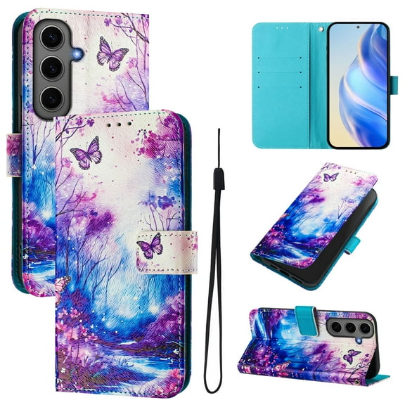 TECH CIRCLE for Galaxy S25 FE Case (6.7", 2025 Release), Cute Cartoon Flip Wallet Case with Wrist Strap, Built-in Card/Cash Slots, PU Leather Protective Fold Stand Phone Case, Butterfly Forest