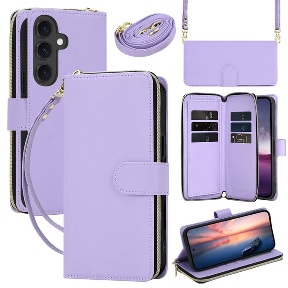 TECH CIRCLE for Galaxy S25 FE Flip Wallet Phone Case with Shoulder/Wrist Straps, Credit Card Slots, RFID Blocking, Zipper Pocket, Magnetic Button Closure, PU Leather Protective Cover, Purple