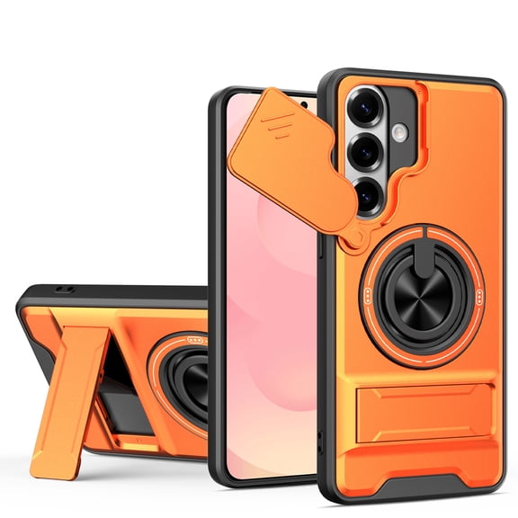 TECH CIRCLE For Galaxy S25 FE Magnetic Phone Case with Rotatable Grip Ring Stand, Rotating Camera Cover, Kickstand, MagSafe-Compatible, Shockproof Protective Rugged Cover, Orange