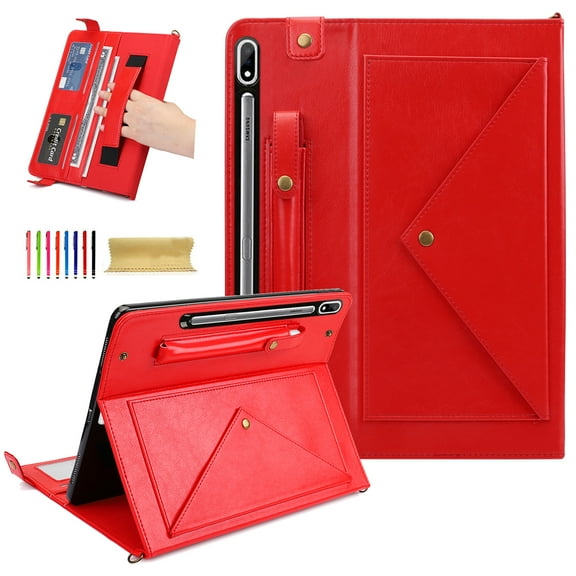 TECH CIRCLE Galaxy Tab S10 Ultra Case,Galaxy Tab S9 Ultra 2023/S8 Ultra 2022 Case,Business PU Leather Folio Stand Protective Cover S Pen Holder Card Slots Shoulder Hand Strap Wallet Bag Case,Red