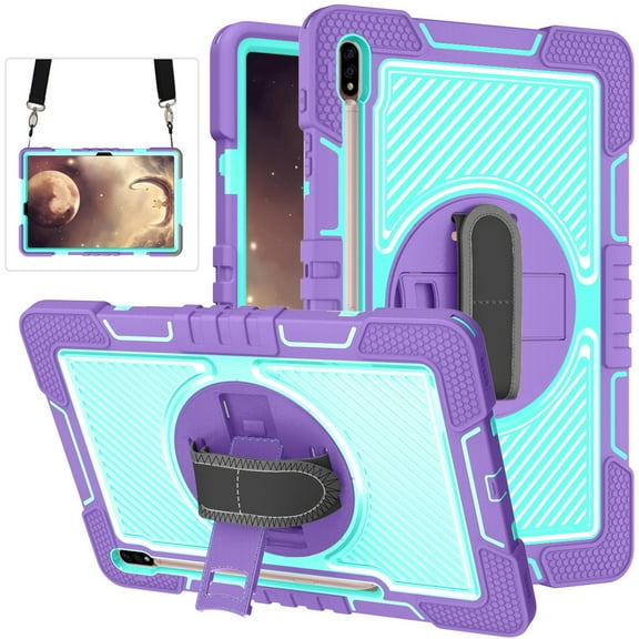 TECH CIRCLE Galaxy Tab S8 Plus/S7 FE/S7 Plus Case 12.4 Inch,Heavy Duty Shockproof Case with Pen Holder 360 Rotating Hand/Shoulder Strap Kickstand Case for Galaxy Tab S8 Plus/S7 Plus/S7 FE,Purple/Mint