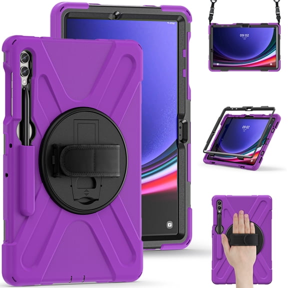 TECH CIRCLE Galaxy Tab S9 FE+/S9+/S8+/S7 FE/S7+ 12.4" Case,Rotatable Kickstand Heavy Duty Silicone Case with S Pen Holder Shoulder Strap Full Shockproof Rugged Protective Galaxy Tab 12.4" Case,Purple