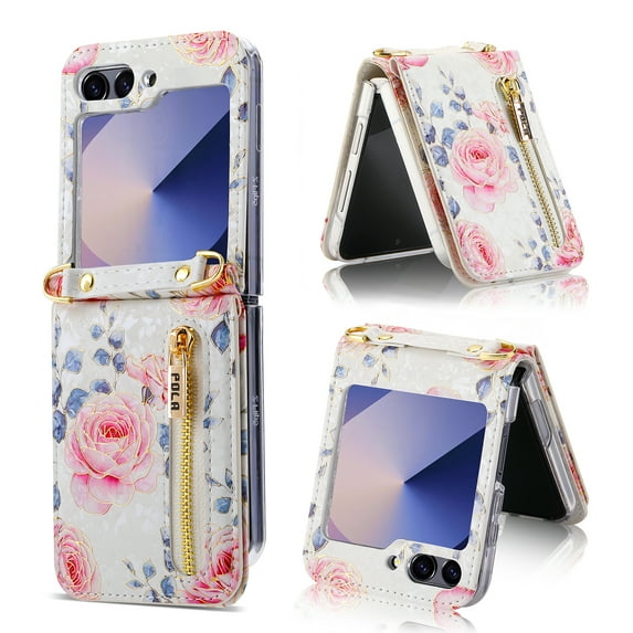 TECH CIRCLE for Galaxy Z Flip 3 Case 6.7" 2021, Cute Flower Wallet Phone Case with Credit Card Holder Slots & Zipper Pocket, PU Leather Lightweight Crossbody Case with Shoulder Strap for Women, White