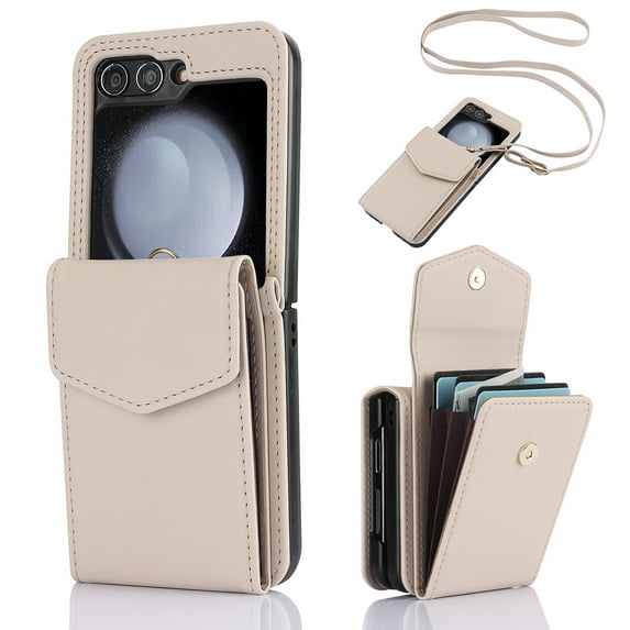 TECH CIRCLE For Galaxy Z Flip 3 Case with Card Holder Strap Lanyard,PU Leather Women Men Protective Wallet Phone Case Crossbody Cover Purse Cover for Samsung Galaxy Z Flip 3 5G 6.7" 2021,Apricot