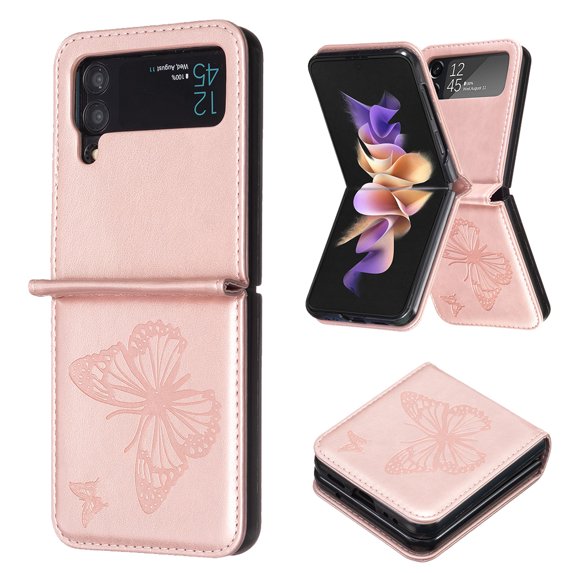 TECH CIRCLE Galaxy Z Flip 4 Case, Luxury Embossed Butterfly PU Leather Shockproof Full Body Protection Kickstand Flip Folio Shockproof TPU Phone Cover for Samsung Galaxy Z Flip 4 6.7", Pink