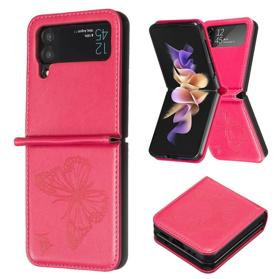 TECH CIRCLE Galaxy Z Flip 4 Case, Luxury Embossed Butterfly PU Leather Shockproof Full Body Protection Kickstand Flip Folio Shockproof TPU Phone Cover for Samsung Galaxy Z Flip 4 6.7", Red