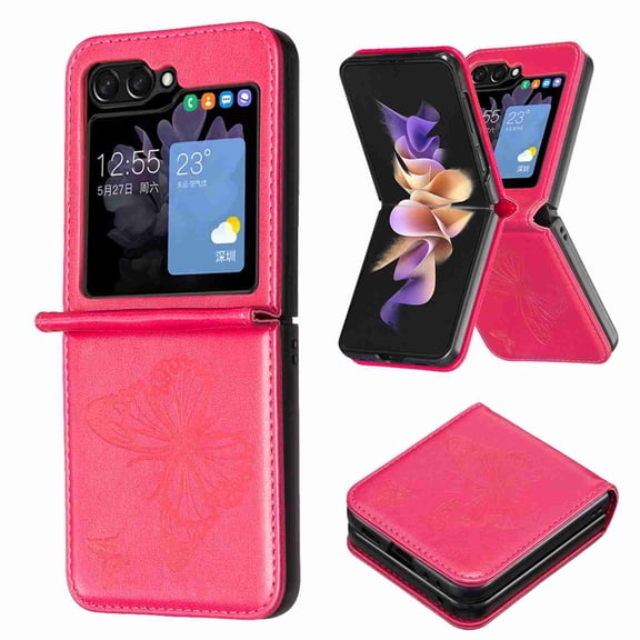 TECH CIRCLE Galaxy Z Flip 5 Case, Luxury Embossed Butterfly PU Leather Shockproof Full Body Protection Kickstand Flip Folio Shockproof TPU Phone Cover for Samsung Galaxy Z Flip 5 6.7", Red