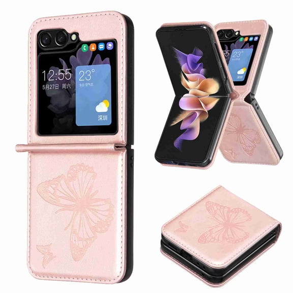 TECH CIRCLE Galaxy Z Flip 5 Case, Luxury Embossed Butterfly PU Leather Shockproof Full Body Protection Kickstand Flip Folio Shockproof TPU Phone Cover for Samsung Galaxy Z Flip 5 6.7",  Pink
