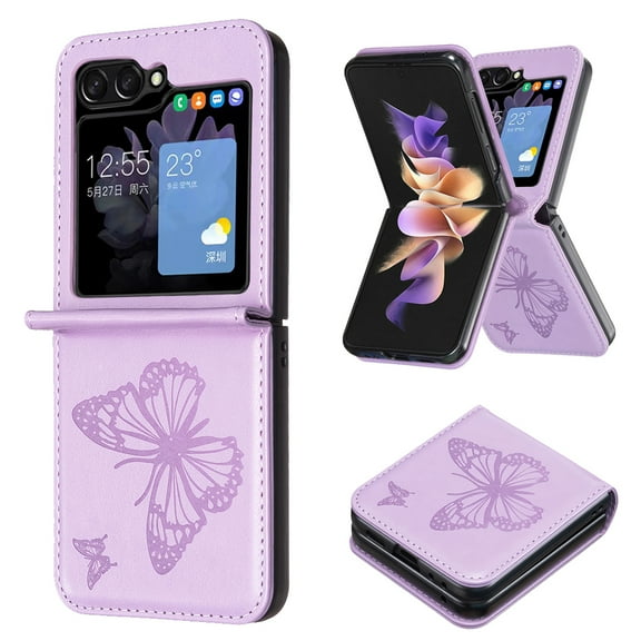 TECH CIRCLE Galaxy Z Flip 5 Case, Luxury Embossed Butterfly PU Leather Shockproof Full Body Protection Kickstand Flip Folio Shockproof TPU Phone Cover for Samsung Galaxy Z Flip 5 6.7", Violet