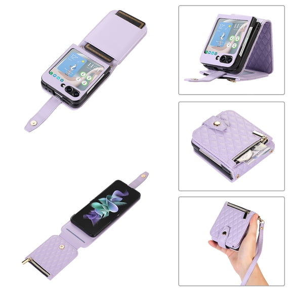TECH CIRCLE Galaxy Z Flip 5 Case, Luxury Fashion PU Leather Shockproof Protective Magnetic Case with Shoulder/Wrist Strap Zipper Card Slots Wallet Cover for Samsung Galaxy Z Flip 5 6.7" 2023,Purple