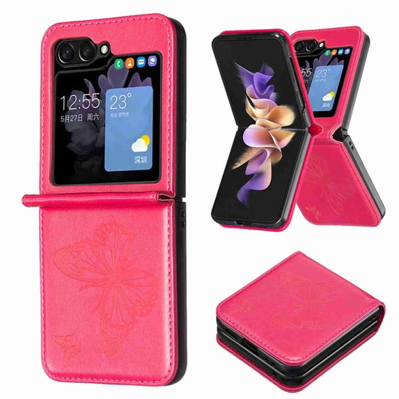 TECH CIRCLE Galaxy Z Flip 6 Case, Luxury Embossed Butterfly PU Leather Shockproof Full Body Protection Kickstand Flip Folio Shockproof TPU Phone Cover for Samsung Galaxy Z Flip 6 6.7", Red