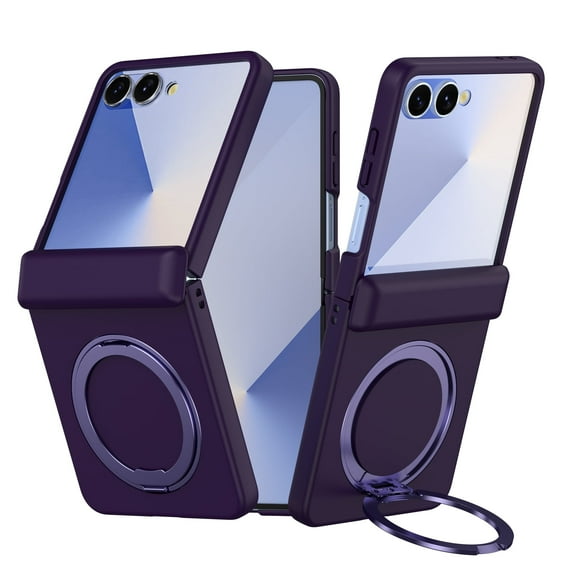 TECH CIRCLE for Galaxy Z Flip 7 2025 Magnetic Phone Case with Rotating Stand Grip Ring Holder, Compatible with MagSafe, Built-in Tempered Glass Screen Protector, Protective Slim Cover, Dark Purple