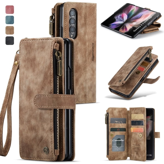 TECH CIRCLE Galaxy Z Fold 4 5G Wallet Case, Premium PU Leather Zipper Flip Folio RFID Blocking with Card Slot Wrist Strap Magnetic Closure Kickstand Protective Wallet Case for Women Men,Brown