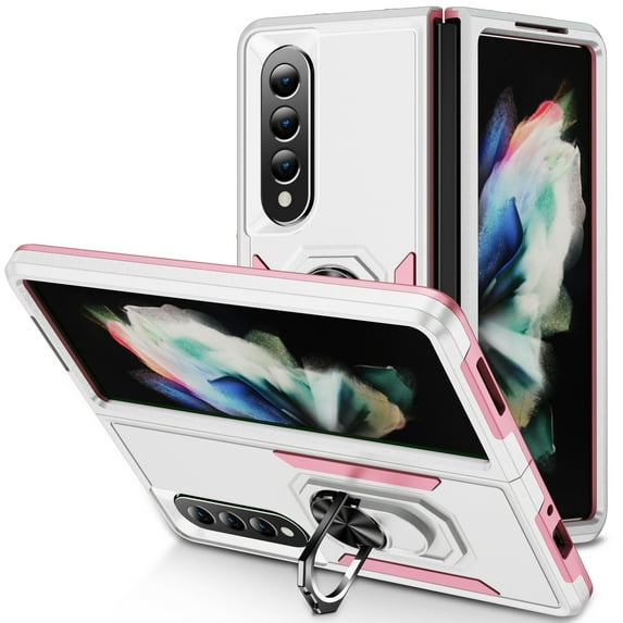 TECH CIRCLE Galaxy Z Fold 4 Case, Magnetic Ring Kickstand Military Grade Shockproof Heavy Duty Protective with Magnetic Car Mount Holder For Samsung Galaxy Z Fold 4 5G 7.6 inch, White/Pink