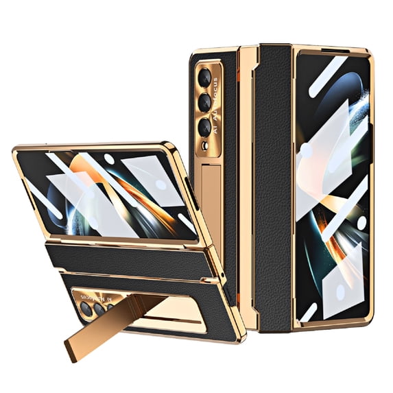 TECH CIRCLE Galaxy Z Fold 4 Case, Ultra-Thin Luxury PU Leather Hard PC Kickstand Anti-Scratch Shockproof Hinge Protection Case Support Wireless Charging for Samsung Galaxy Z Fold 4 5G, Gold+Black