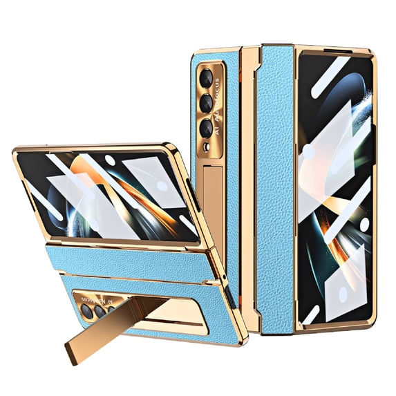 TECH CIRCLE Galaxy Z Fold 4 Case, Ultra-Thin Luxury PU Leather Hard PC Kickstand Anti-Scratch Shockproof Hinge Protection Case Support Wireless Charging for Samsung Galaxy Z Fold 4 5G, Gold+Blue