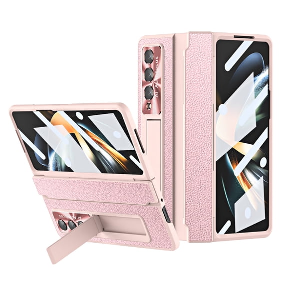 TECH CIRCLE Galaxy Z Fold 4 Case, Ultra-Thin Luxury PU Leather Hard PC Kickstand Anti-Scratch Shockproof Hinge Protection Case Support Wireless Charging for Samsung Galaxy Z Fold 4 5G, Pink