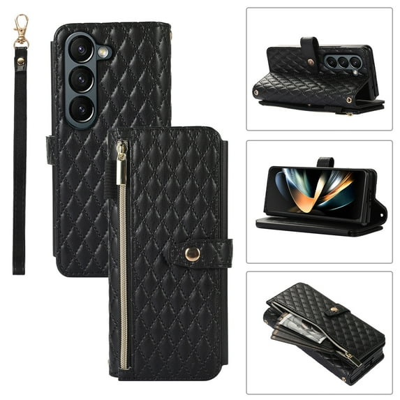 TECH CIRCLE Galaxy Z Fold 5 Case, Luxury Fashion PU Leather Shockproof Protective Case Magnetic with Shoulder/Wrist Strap Zipper S Pen Holder Wallet Cover for Samsung Galaxy Z Fold 5 7.6" 2023, Black