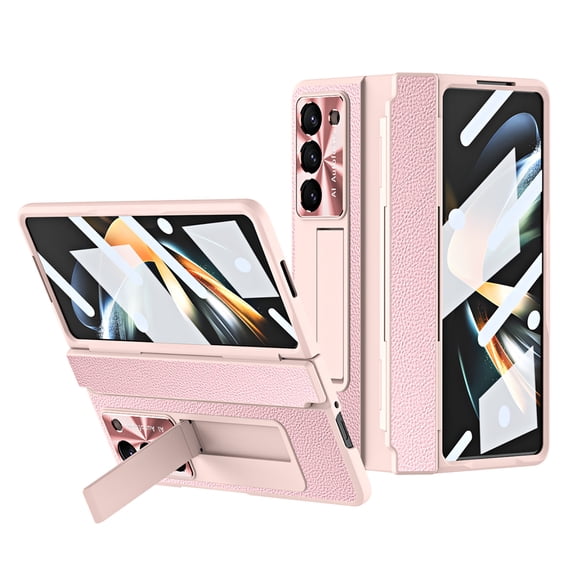 TECH CIRCLE Galaxy Z Fold 6 Case, Ultra-Thin Luxury PU Leather Hard PC Kickstand Anti-Scratch Shockproof Hinge Protection Case Support Wireless Charging for Samsung Galaxy Z Fold 6 5G, Pink