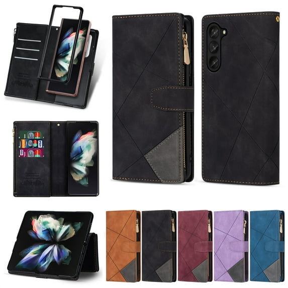 TECH CIRCLE Galaxy Z fold 5 Case, Z fold 5 Case Wallet for Women Men, Durable PU Leather Magnetic Wallet Flip Lanyard Strap Wristlet Zipper Card Holder Phone Case for Samsung Galaxy Z fold 5, Black