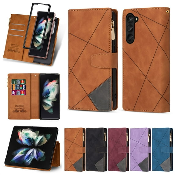 TECH CIRCLE Galaxy Z fold 5 Case, Z fold 5 Case Wallet for Women Men, Durable PU Leather Magnetic Wallet Flip Lanyard Strap Wristlet Zipper Card Holder Phone Case for Samsung Galaxy Z fold 5, Brown