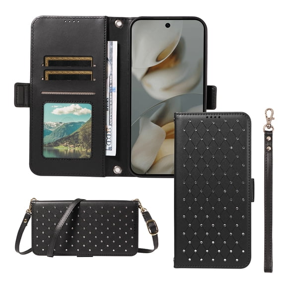 TECH CIRCLE Glitter Wallet Case for Google Pixel 8 (6.2 inch), with Wrist/Crossbody Strap, Built-in Stand, Credit Card Slots, Cash Slot, PU Leather Protective Flip Folio Case, Black