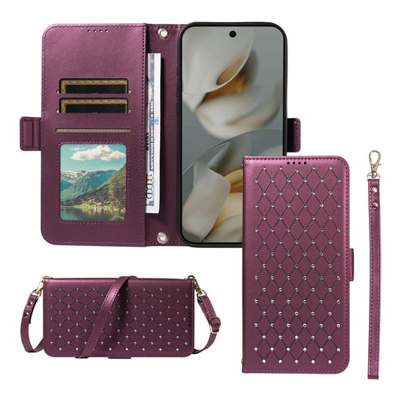 TECH CIRCLE Glitter Wallet Case for Google Pixel 8 Pro (6.7 inch), with Wrist/Crossbody Strap, Built-in Stand, Credit Card Slots, Cash Slot, PU Leather Protective Flip Folio Case, Purple
