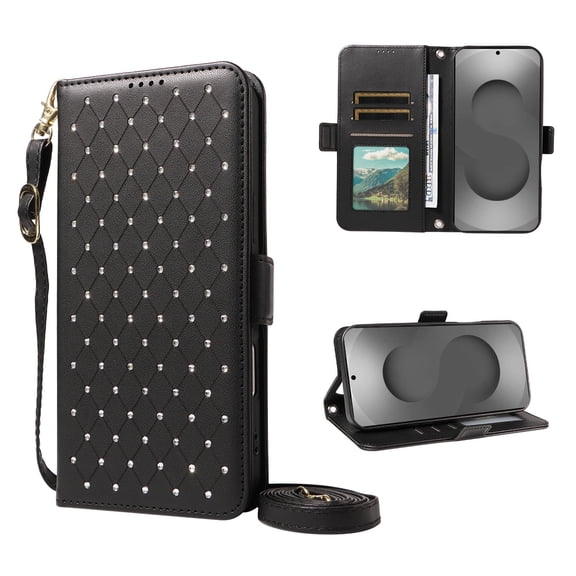 TECH CIRCLE Glitter Wallet Case for Samsung Galaxy S26 Edge (6.7 inch), with Wrist/Crossbody Strap, Built-in Stand, Credit Card Slots, Cash Slot, PU Leather Protective Flip Folio Case, Black