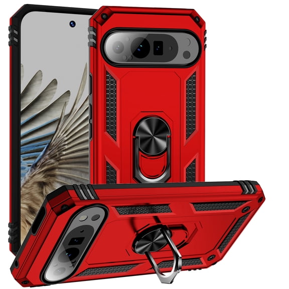 TECH CIRCLE for Google Pixel 10 / 10 Pro PC+TPU Armor Phone Case with 360 Metal Rotating Ring Kickstand [Military Grade Shockproof Armor] Heavy Duty Car Mount Holder Phone Cover,Red