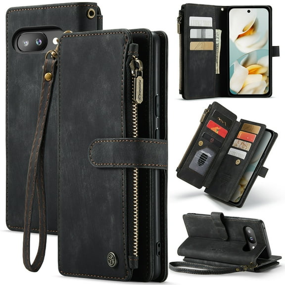 TECH CIRCLE For Google Pixel 10 / 10 Pro Wallet Case with [S Pen Holder],Card Holder Kickstand Magnetic Zipper Pocket Lanyard Strap Wristlet,Leather Flip Case Wallet for Women Men,Black