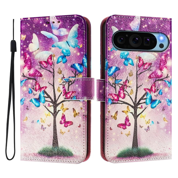 TECH CIRCLE for Google Pixel 10 Pro / Pixel 10 (6.3") Flip Wallet Case with Wrist Strap, Cute Cartoon PU Leather Fold Stand Case with Card/Cash Slots, Slim Lightweight Protective Cover,Butterfly Tree