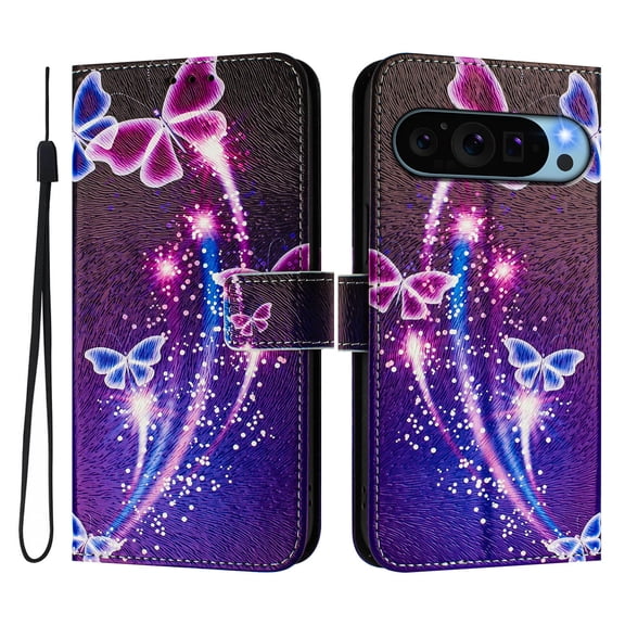 TECH CIRCLE for Google Pixel 10 Pro XL Case (6.8", 2025 Release), Cute Cartoon Flip Wallet Case with Wrist Strap, Built-in Card/Cash Slots, PU Leather Protective Fold Stand Case, Purple Butterfly