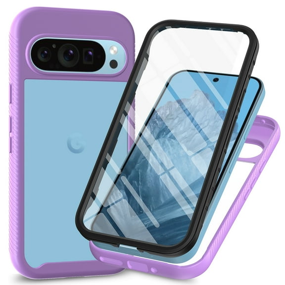 TECH CIRCLE for Google Pixel 10 Pro XL PC+TPU Hybrid Case with Built-in Screen Protector Clear Slim Back Cover Shockproof Rugged Heavy Duty Bumper Full Body Dustproof Protective,Purple