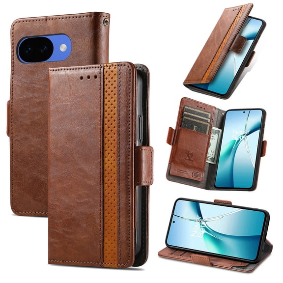 TECH CIRCLE for Google Pixel 10A Luxury PU Leather Rubber Case Flip Stand Credit Card Holder Slots Full-Body Shockproof Protective Cover for Women Men,Darkbrown