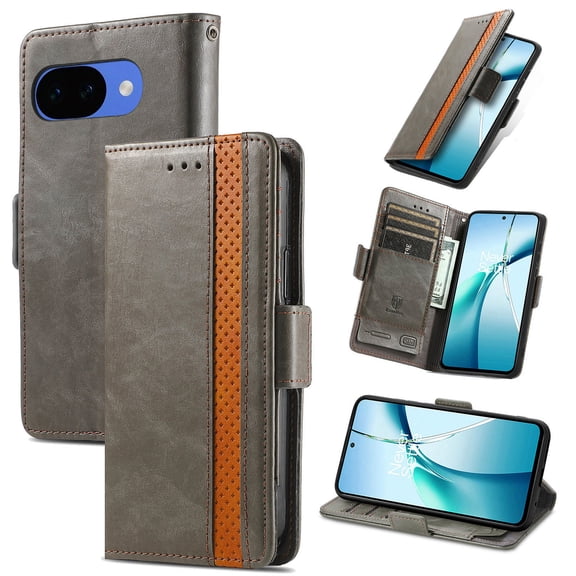 TECH CIRCLE for Google Pixel 10A Luxury PU Leather Rubber Case Flip Stand Credit Card Holder Slots Full-Body Shockproof Protective Cover for Women Men,Gray