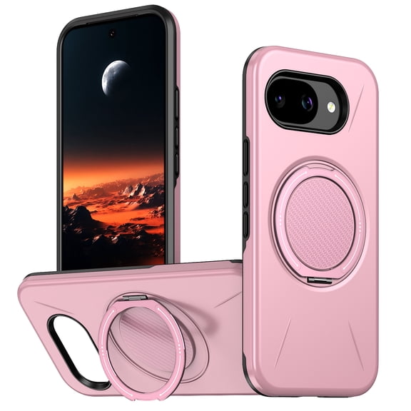 TECH CIRCLE for Google Pixel 10A PC+TPU Magnetic Case with 360° Rotatable Metal Ring KickStand Compatible with MagSafe,Military-Grade Dual Layer Rugged Shockproof Protective Cover,Pink