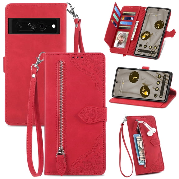 TECH CIRCLE Google Pixel 6 5G Wallet Case,Embossed Flower PU Leather Folio Flip Protective Zipper Cover with Wrist Strap RFID Blocking Card Holder Kickstand Case for Google Pixel 6 5G 6.4" 2021,Red
