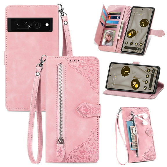 TECH CIRCLE Google Pixel 6 5G Wallet Case,Embossed Flower PU Leather Folio Flip Protective Zipper Cover with Wrist Strap RFID Blocking Card Holder Kickstand Case for Google Pixel 6 5G 6.4" 2021,Pink