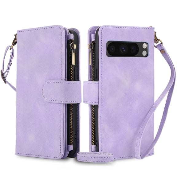 TECH CIRCLE For Google Pixel 6 Case with Card Holder,PU Leather Zipper Pocket Flip Folio Wallet Case with Crossbody Wrist Strap Kickstand Protective Case for Google Pixel 6 5G 6.4" 2021,Purple